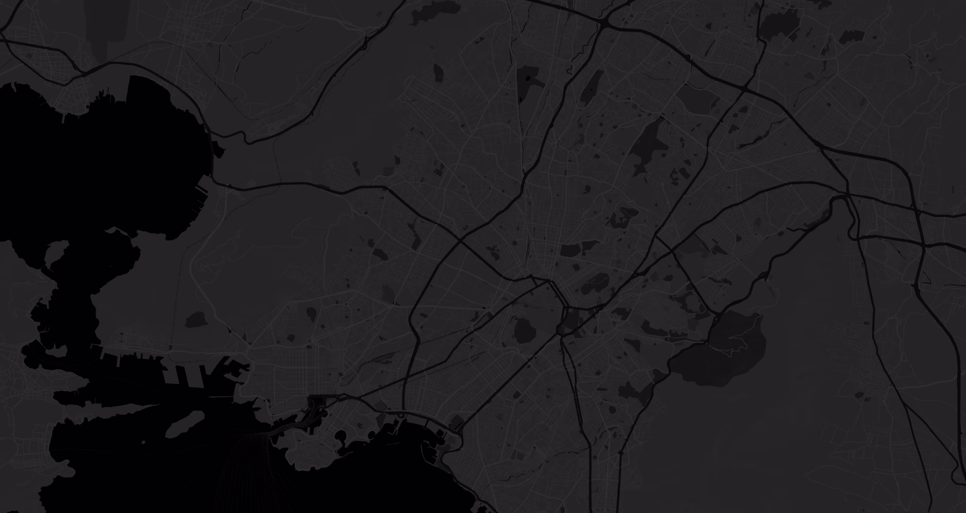 Dark map interface of a city showing street layouts